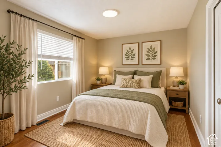 Neutral-toned walls, wood-finish flooring, and a window with horizontal blinds