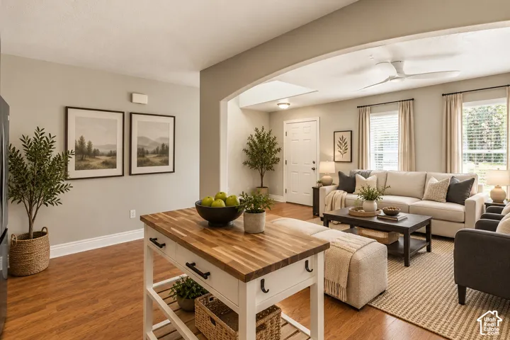 Open-concept interior featuring wood-finish flooring, a kitchen island with a wood countertop, and a recessed ceiling area with a mounted fan
