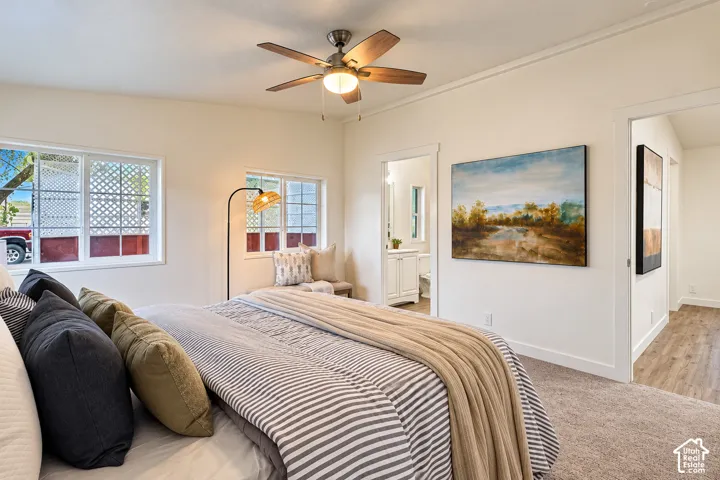 Neutral-toned interior featuring wall-to-wall carpeting, multiple grid-patterned windows, ceiling fan with integrated lighting, and wood-finish flooring in the hallway