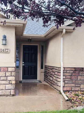 Exterior entrance featuring a six-panel dark entry door, stacked stone veneer siding, concrete porch, and dual vertical sidelights