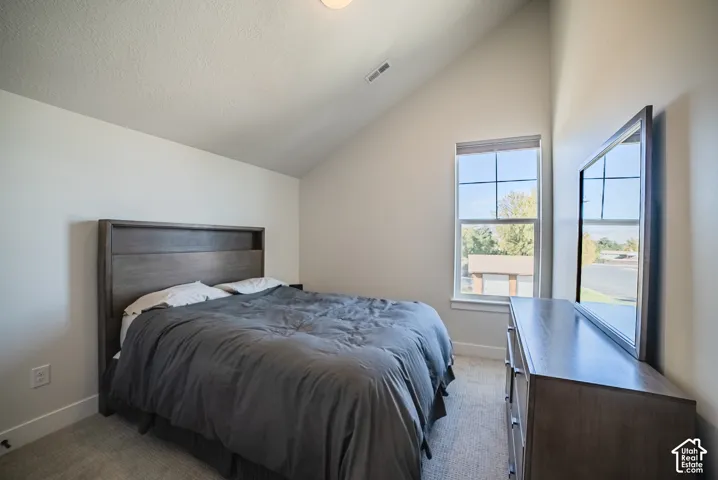 Vaulted ceilings, neutral wall finishes, and a grid-pattern window providing natural light