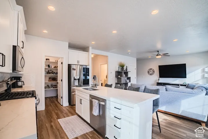 Kitchen featuring white shaker cabinetry, stone-surface central island, stainless steel appliances, walk-in pantry, and wood-finish flooring
