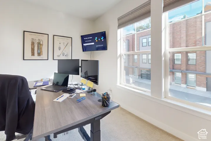 Room featuring large double-hung windows with integrated shades and neutral wall-to-wall carpeting