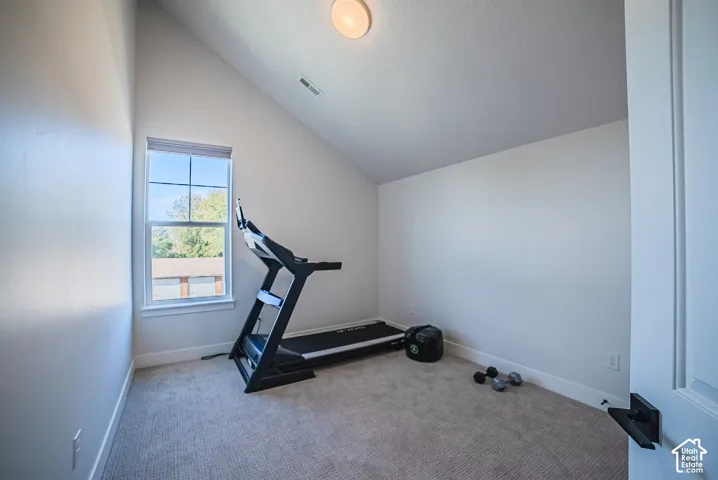 Room featuring vaulted ceilings, neutral carpeting, and a multi-pane window with a roller shade, illuminated by a flush-mount ceiling fixture
