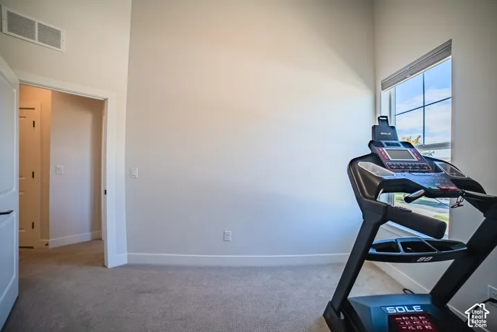 High ceilings, neutral carpeting, and a multi-pane window with adjustable blinds