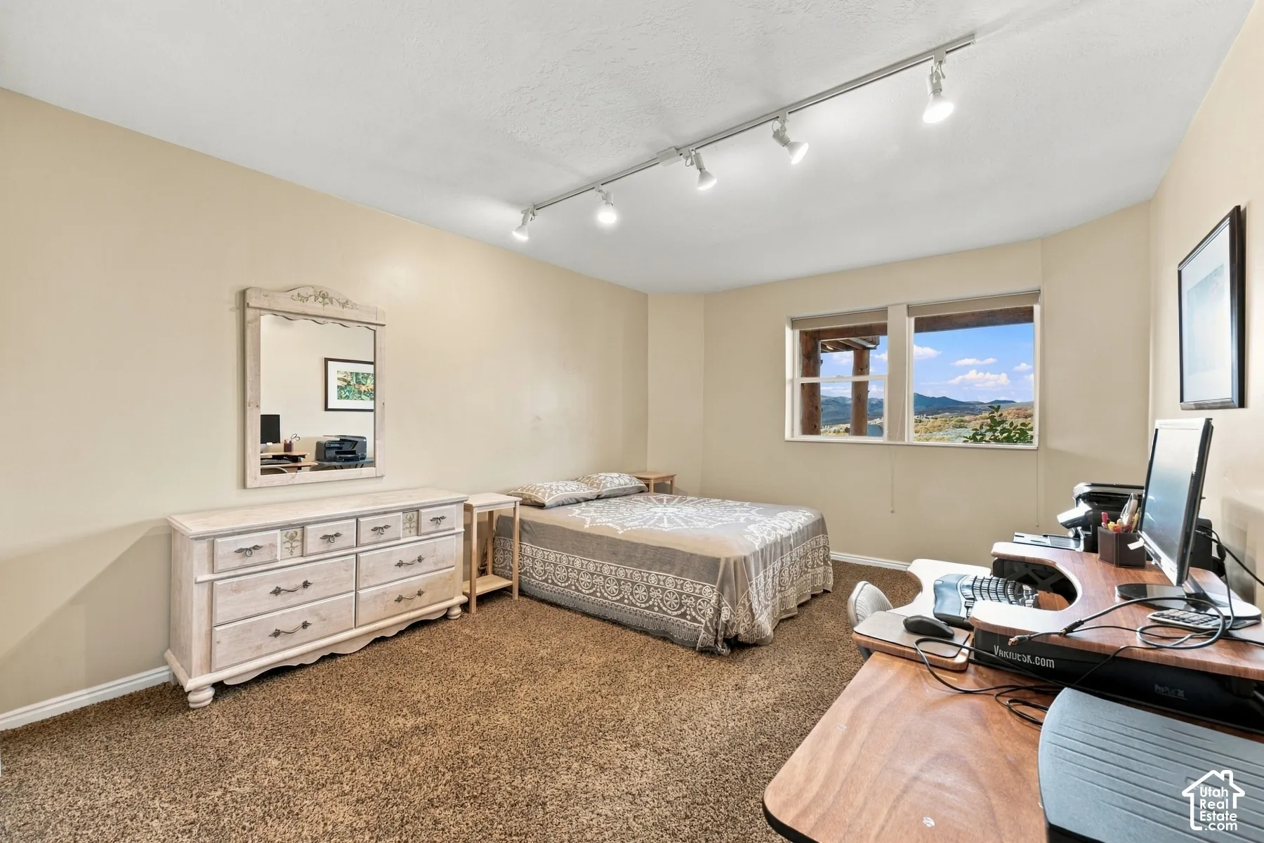 Neutral-toned walls paired with carpeting, adjustable track lighting, and window exposure featuring mountain scenery