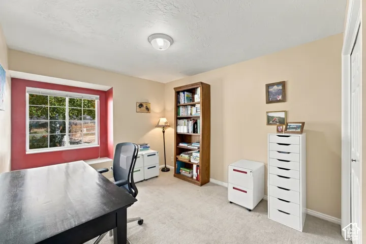 Room featuring wall-to-wall carpeting, a large bay window with a built-in sill, and a multi-panel interior door