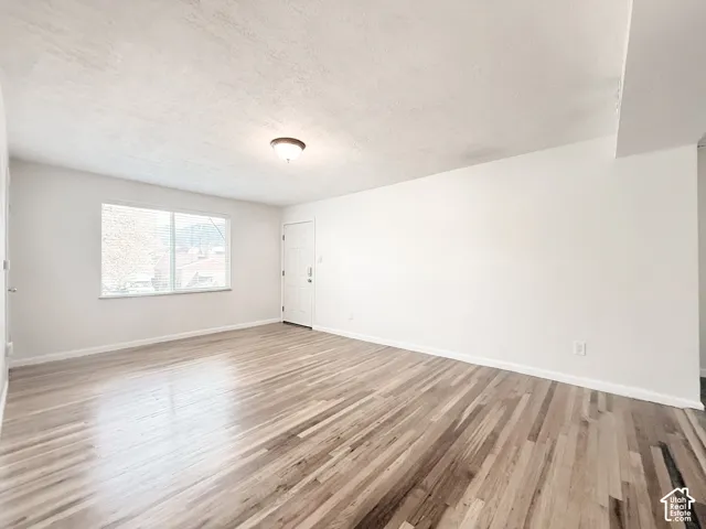 Interior space featuring wood-finish flooring, a single-panel window, and a flush-mount ceiling light fixture