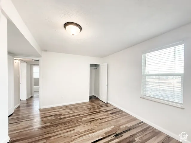 Interior space featuring wood-finish flooring, a flush-mount ceiling light fixture, a window with installed blinds, and a closet with a hinged door