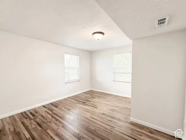 Room featuring wood-finish flooring, dual windows, and a central flush-mount light fixture