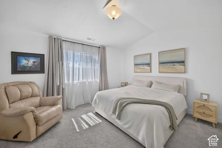 Vaulted ceiling featuring a central flush-mount light fixture, neutral wall-to-wall carpeting, and a large window with floor-to-ceiling curtain rods