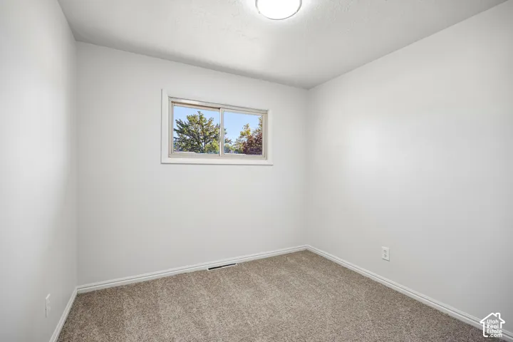 Neutral-toned wall-to-wall carpeting, crisp white wall finish, sliding window, and flush-mount ceiling lighting