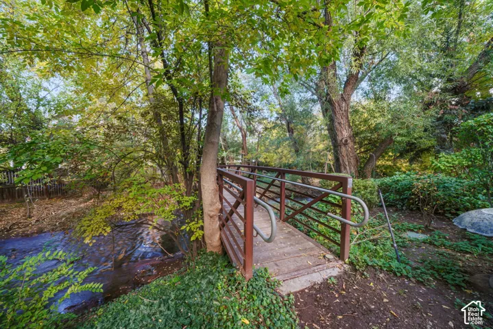 Pedestrian bridge featuring a wooden deck, metal framing, and railings spanning a natural water feature surrounded by mature trees and vegetation