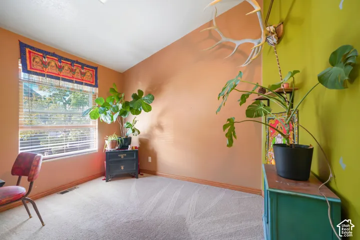 Room interior featuring neutral carpeting, a dual-tone wall finish, and a horizontal window with integrated blinds