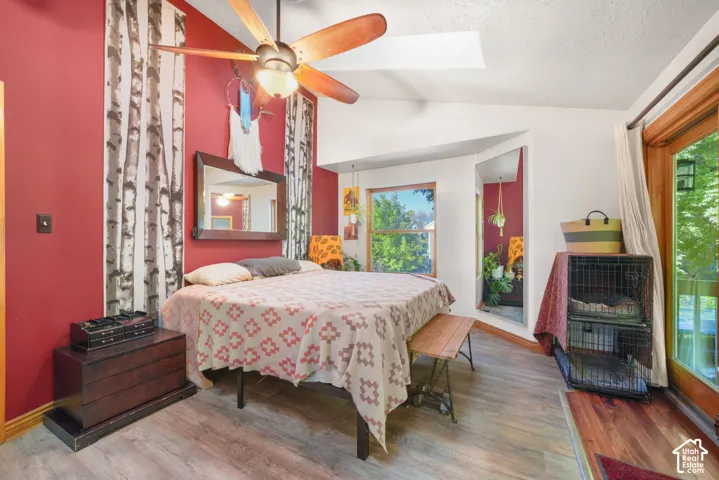 Vaulted ceiling with an integrated skylight, wood-finish flooring, ceiling fan, and full-length glass door providing outdoor access