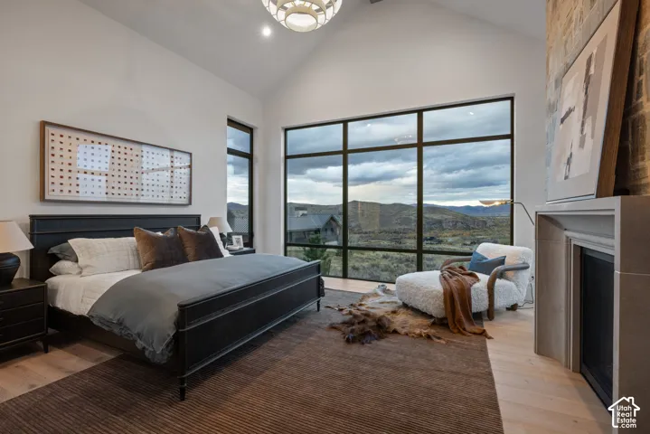 Vaulted ceilings, expansive floor-to-ceiling windows, stone-surround fireplace, and wood-finish flooring