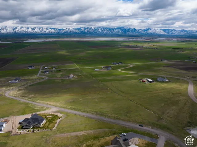 Aerial view of sparsely populated area with a mountain backdrop