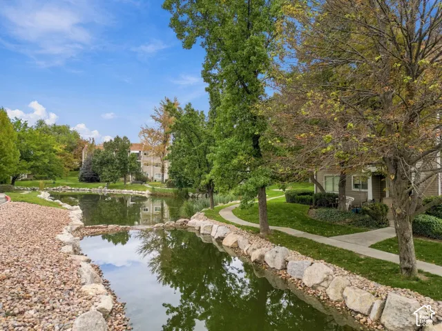Water feature with stone edging, concrete pathways, mature trees, and landscaped grounds