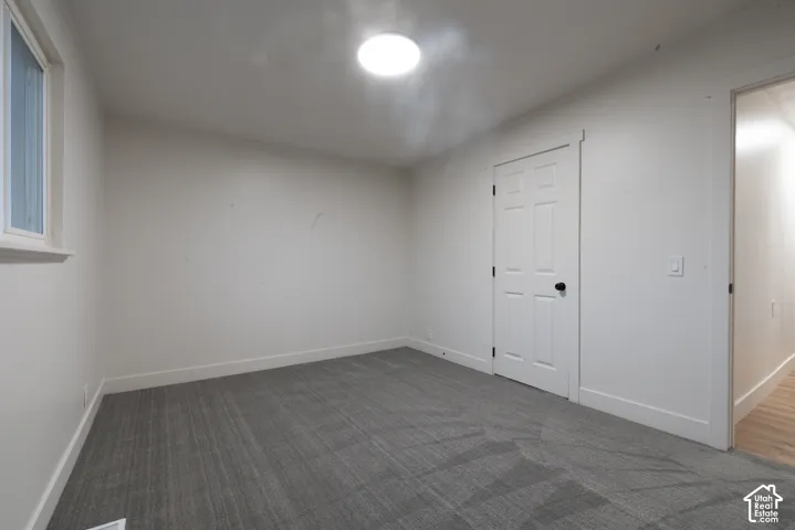 Room featuring neutral carpeting, a ceiling-mounted skylight, and a six-panel door with matte black hardware