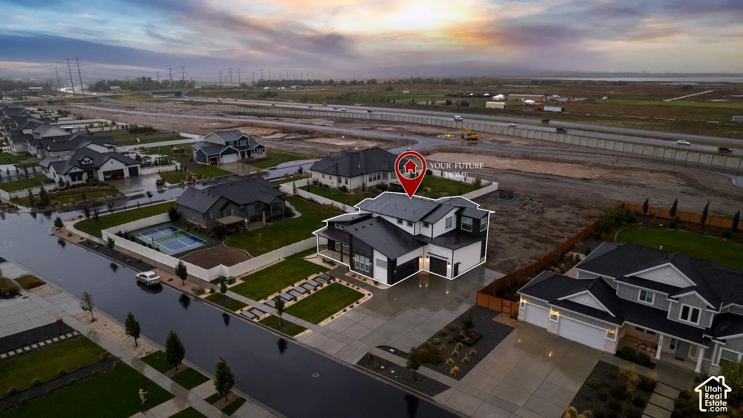 Two-story residence featuring a multi-pitched roofline, light-colored exterior siding with dark trim accents, an attached multi-car garage, concrete driveway, and a paved walkway