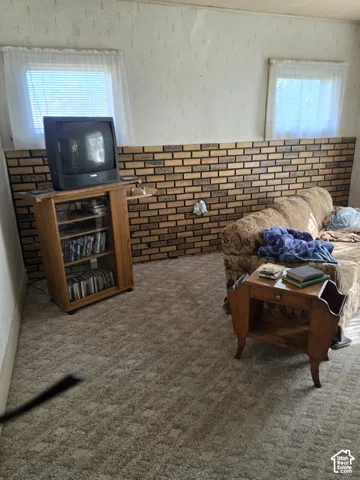 Interior space featuring textured walls, horizontal brick wainscoting, and dual windows