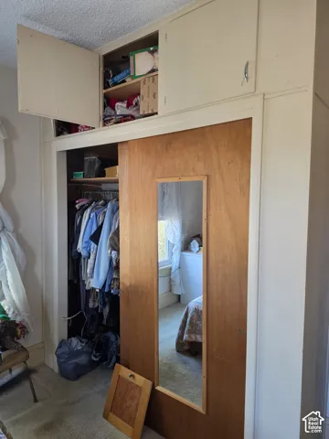 Built-in floor-to-ceiling closet featuring dual sliding wood-finish doors with an integrated center mirror and overhead storage cabinets