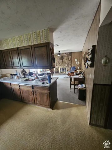 Kitchen area featuring stained wood cabinetry, stone-texture fireplace surround, and ceiling-mounted fan