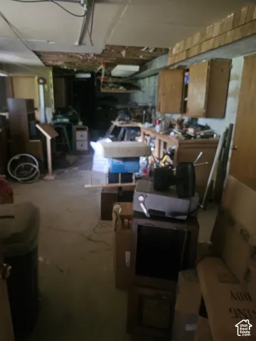 Built-in wooden cabinetry and workshop counter surface