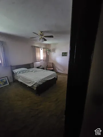 Room featuring carpet flooring, dual windows with curtain hardware, and a ceiling fan with integrated lighting