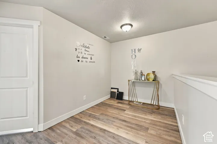 Wood-finish flooring, neutral wall color, and flush-mount ceiling lighting