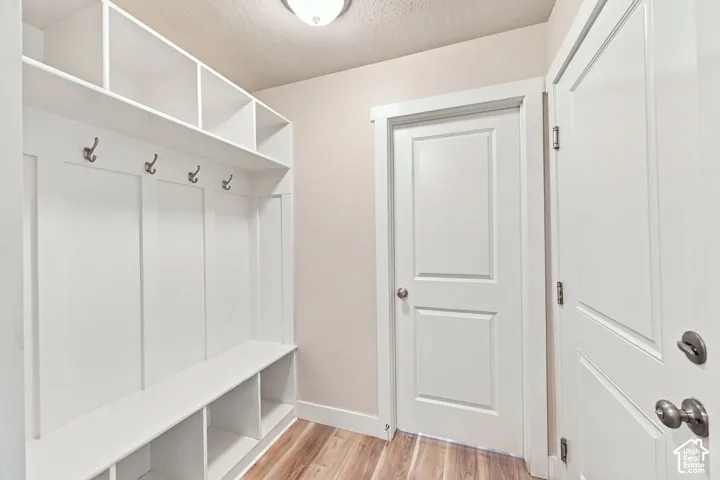 Built-in white storage cabinetry featuring upper cubbies, wall-mounted hooks, and lower shoe compartments, complemented by wood-finish flooring and two-panel interior doors