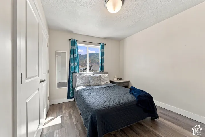 Wood-finish flooring, white paneled closet doors, neutral wall paint, and a single window offering a mountain backdrop