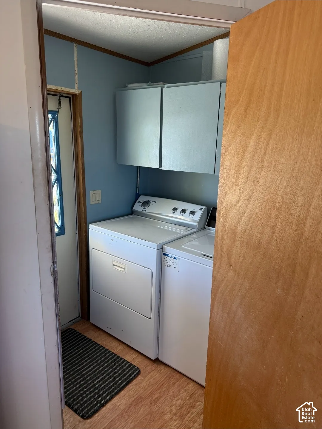 Utility area featuring wood-finish flooring, wall-mounted cabinetry, and a glass-paneled exterior door