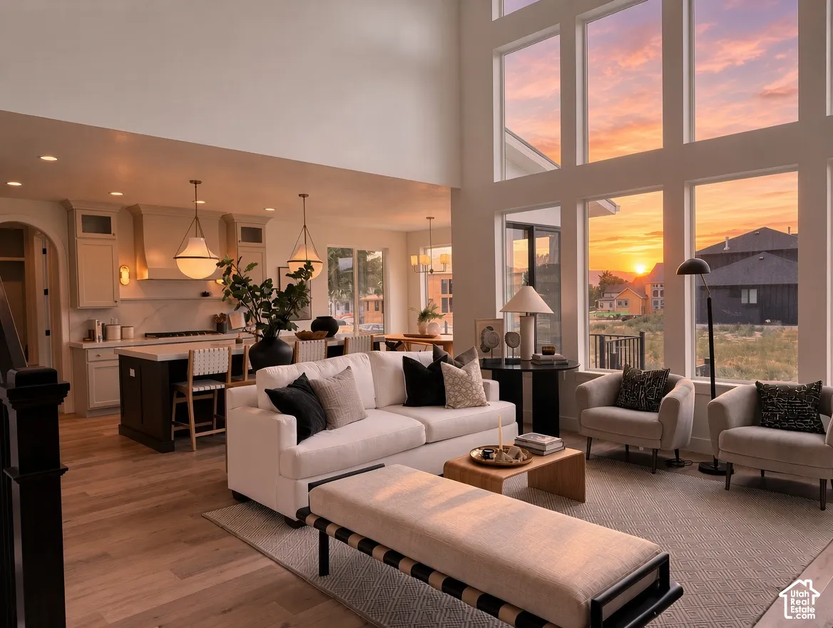Double-height ceiling, floor-to-ceiling windows, chef