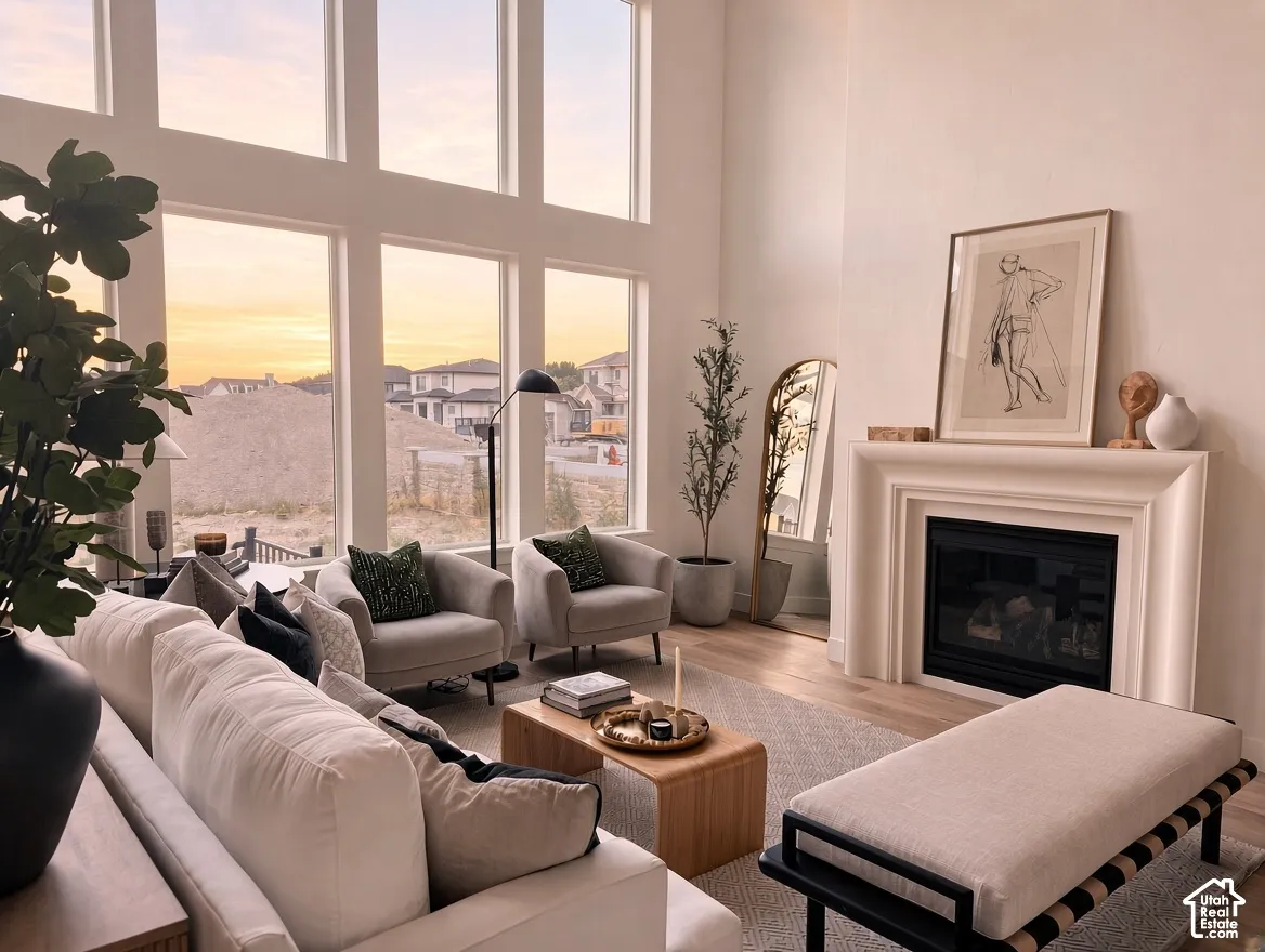 Double-height ceiling, floor-to-ceiling multi-pane windows, and a sculptural fireplace surround featuring a gas-insert firebox