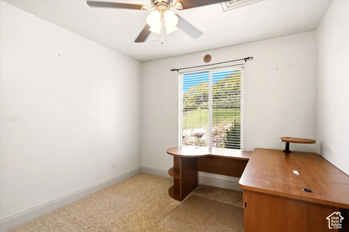 Neutral-toned wall finish, beige carpeting, ceiling-mounted light fixture with a four-blade fan, and a single-pane window featuring horizontal blinds