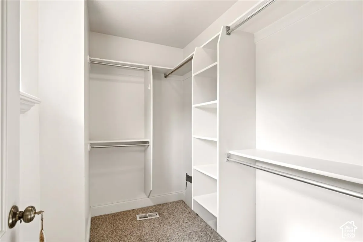 Walk-in closet featuring white built-in shelving, integrated hanging rods, and neutral carpeting