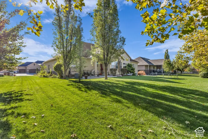 Expansive backyard featuring a large grass lawn, mature trees, hardscaped patio, and detached garage structure