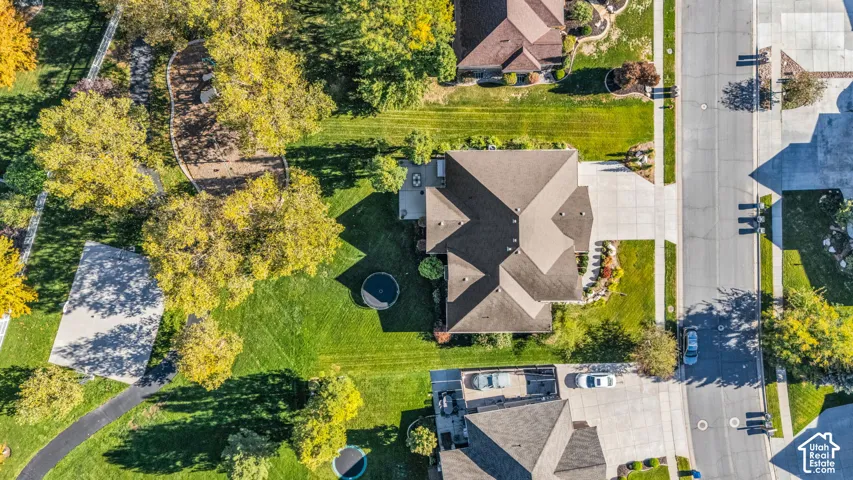Aerial perspective showcasing a residential property with a multi-pitched roof, concrete driveway, and expansive lawn featuring mature trees