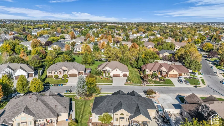 Aerial perspective showcasing a residential neighborhood with established mature trees and paved street infrastructure