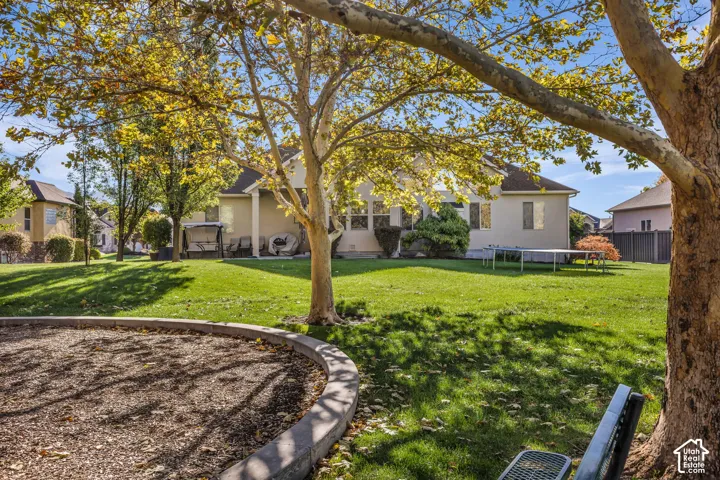 Expansive backyard featuring a large grass lawn, mature trees, and a semi-circular hardscaped planter border