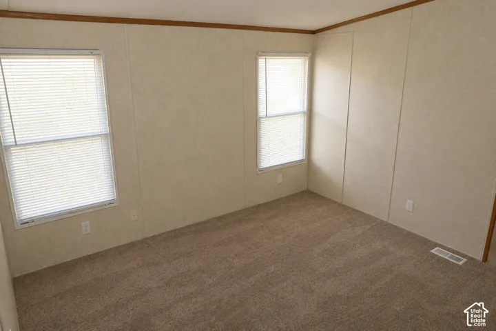 Room featuring wall-to-wall carpeting, two windows with horizontal blinds, and neutral-tone wall paneling
