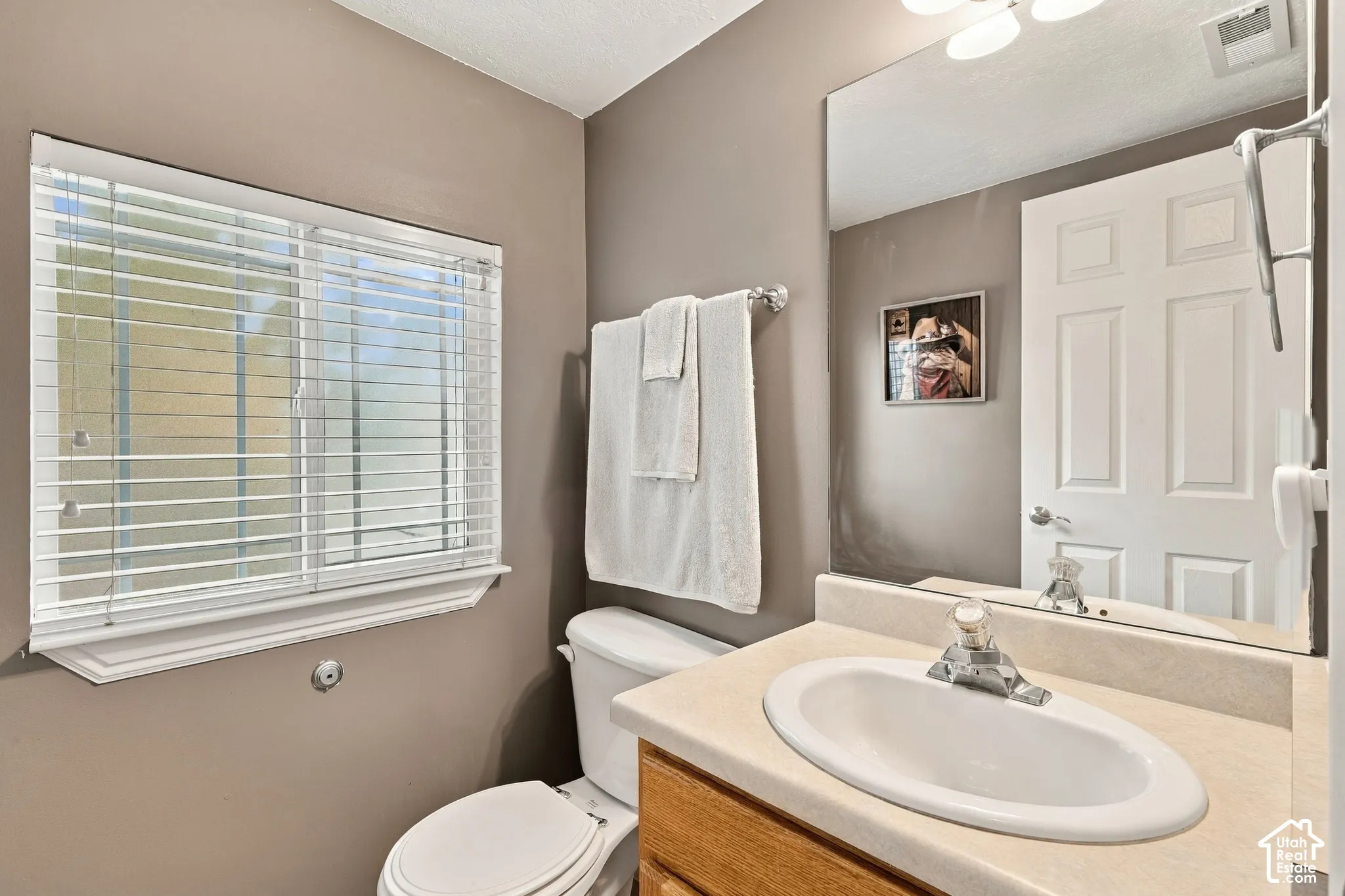 Vanity with a solid-surface countertop and integrated oval sink, wood-finish cabinetry, large wall-mounted mirror, and horizontal window blinds