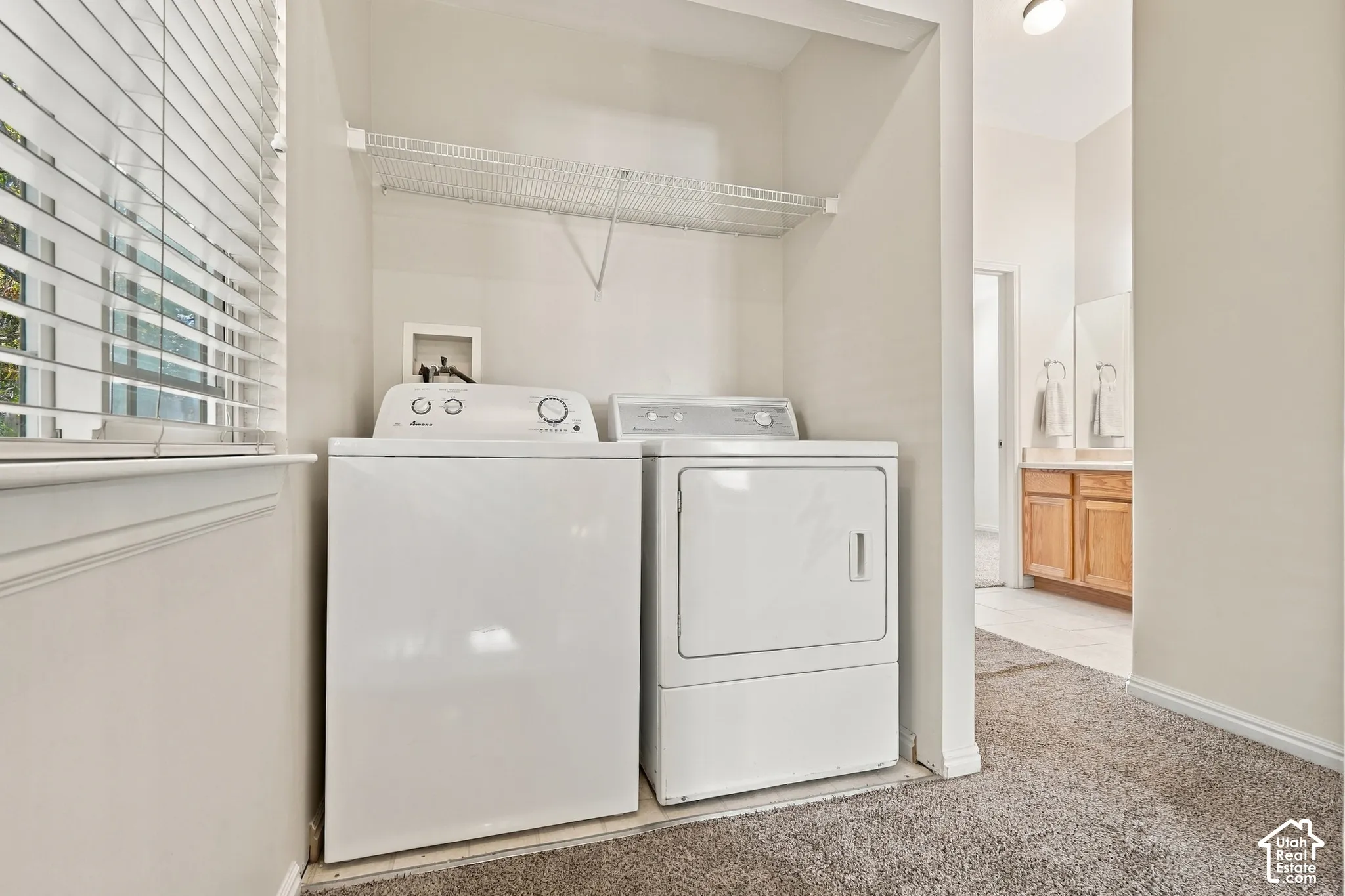 Dedicated laundry area featuring a wall-mounted wire storage shelf, window blinds, and carpeted flooring