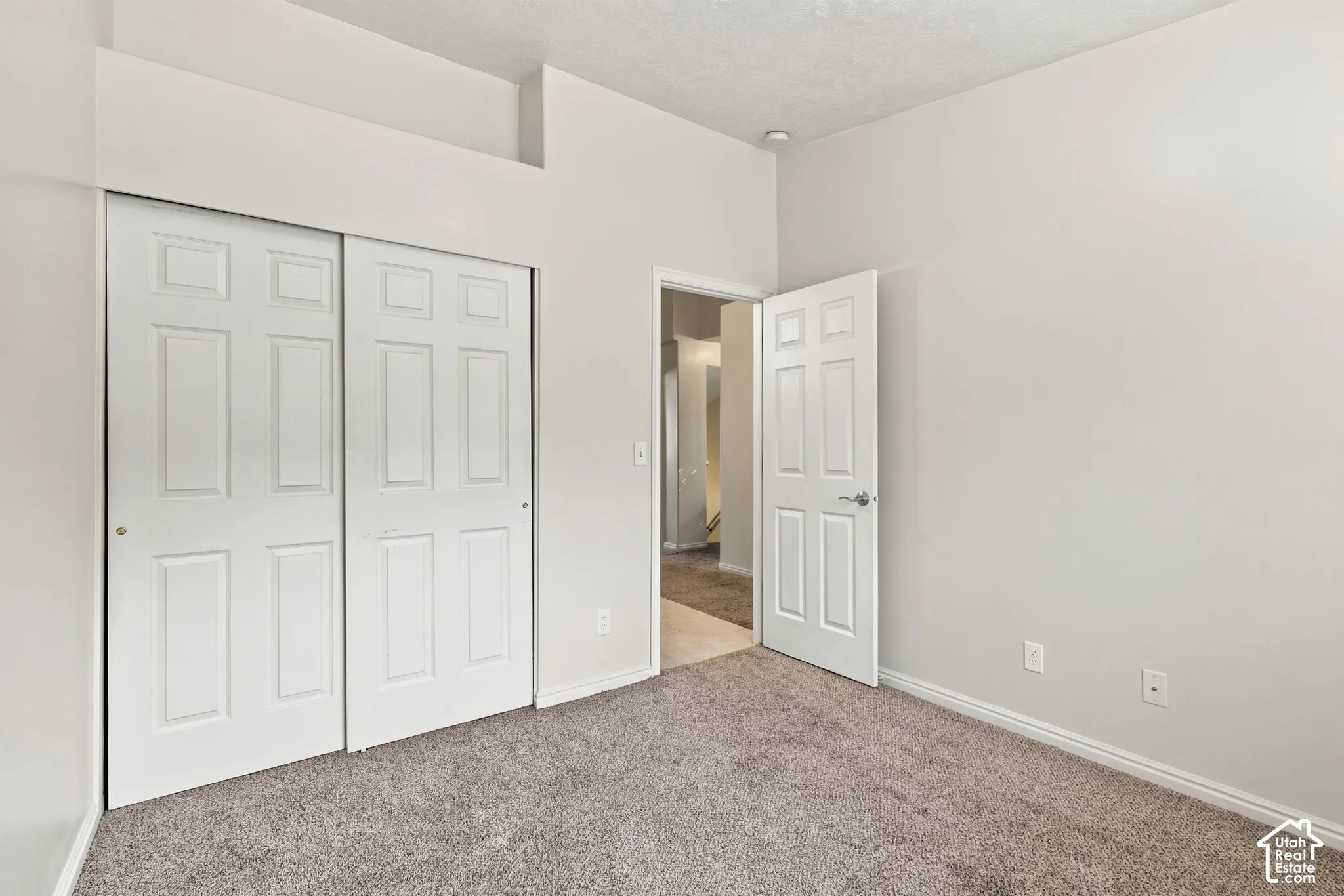 Neutral-toned interior space featuring carpeted flooring, a six-panel sliding closet door, and a six-panel swinging interior door with brushed metal hardware