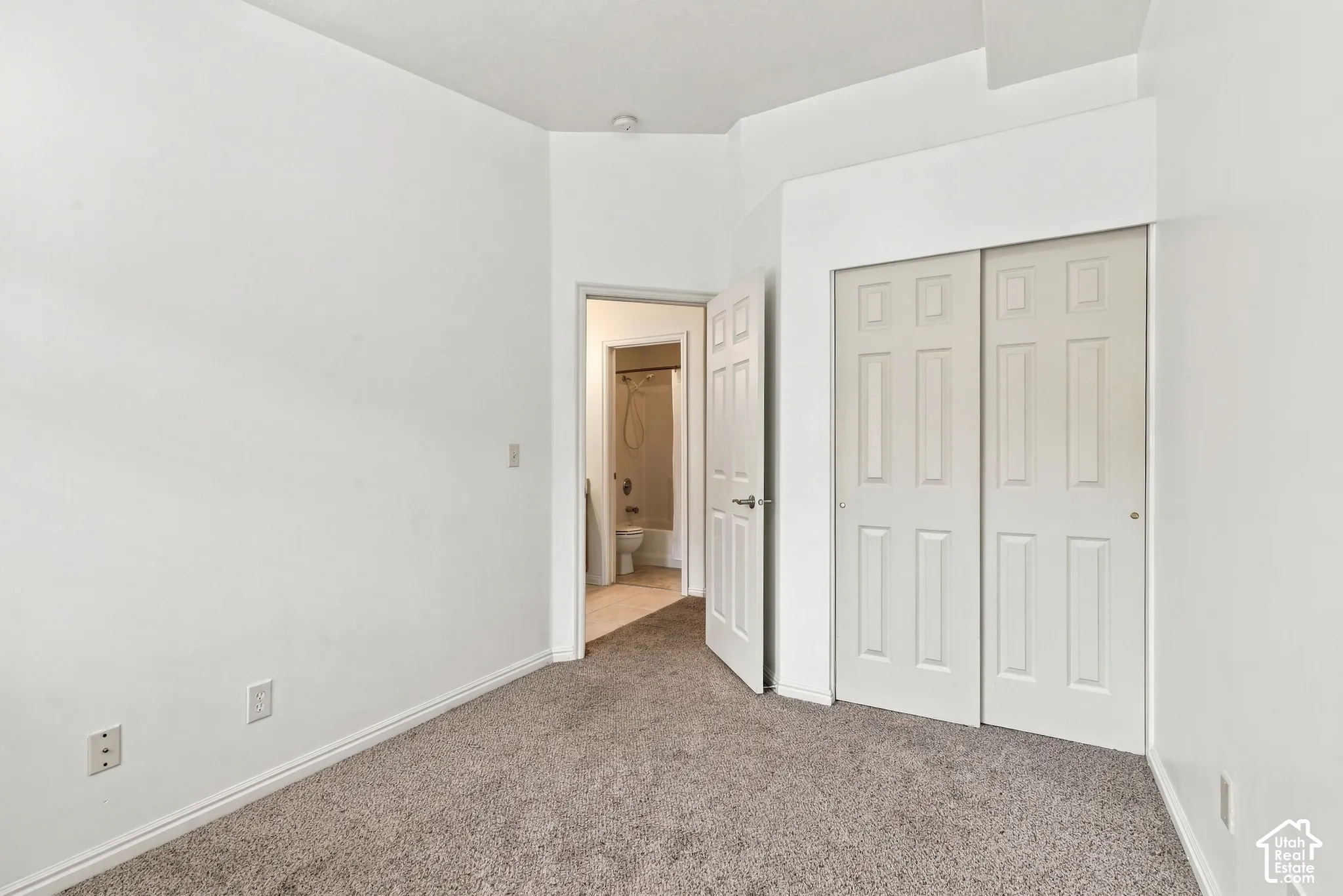 Interior space featuring neutral-toned carpeting, white walls, and a closet with six-panel doors