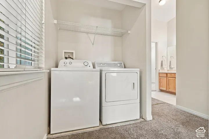 Dedicated laundry area featuring a wall-mounted wire storage shelf, window blinds, and carpeted flooring