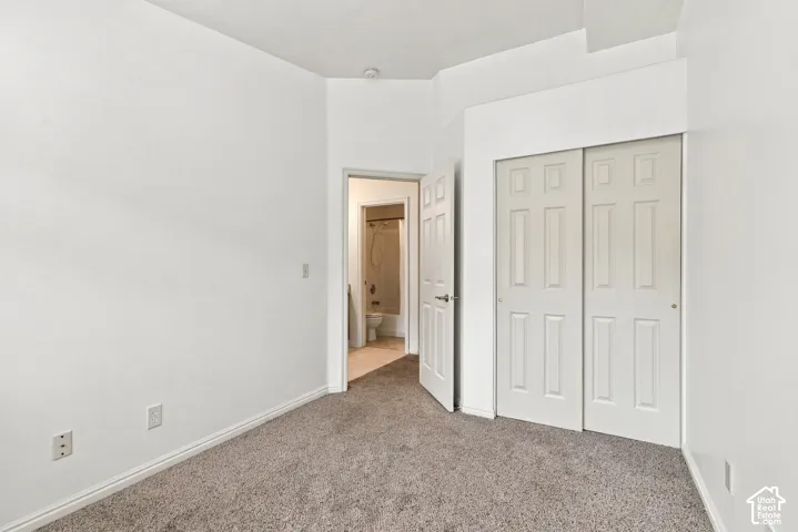 Interior space featuring neutral-toned carpeting, white walls, and a closet with six-panel doors