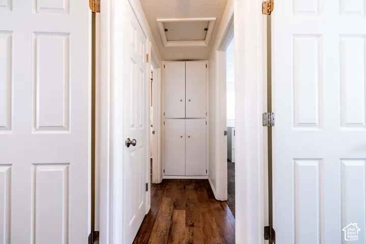 Hallway featuring wood-finish flooring, white paneled doors, and built-in floor-to-ceiling storage cabinetry with cabinet hardware