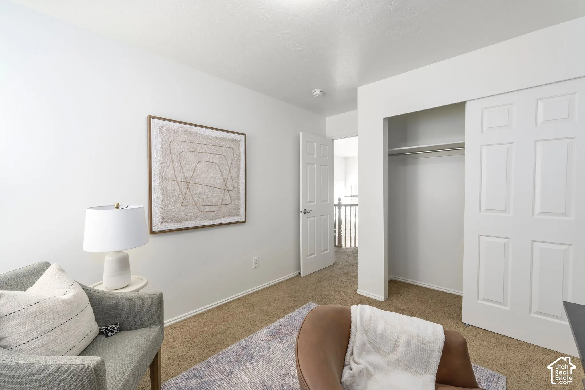 Room interior featuring neutral wall paint, wall-to-wall carpeting, six-panel interior doors, and a closet with sliding doors and built-in shelving